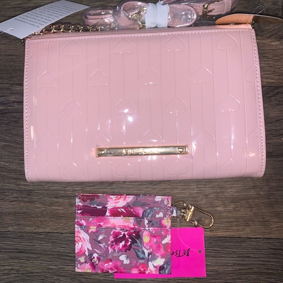Betsey Johnson Blush Crossbody Bag With Bow and Floral Card Holder - Picture 2 of 8
